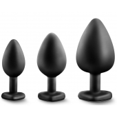 Набор из 3 черных пробок с прозрачным кристаллом-сердечком Bling Plugs Training Kit - Blush Novelties - купить с доставкой в Реутове