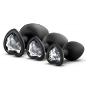 Набор из 3 черных пробок с прозрачным кристаллом-сердечком Bling Plugs Training Kit - Blush Novelties - купить с доставкой в Реутове