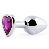 Серебристая анальная пробка с фиолетовым кристаллом-сердечком - 8 см. - Anal Jewelry Plug - купить с доставкой в Реутове