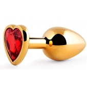 Золотистая анальная пробка с красным стразом-сердечком - 8 см. - Anal Jewelry Plug - купить с доставкой в Реутове