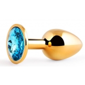 Золотистая анальная пробка с голубым стразом - 7,2 см. - Anal Jewelry Plug - купить с доставкой в Реутове
