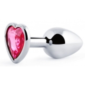 Серебристая анальная пробка с розовым кристаллом-сердечком - 7 см. - Anal Jewelry Plug - купить с доставкой в Реутове