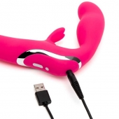 Ярко-розовый безремневой страпон Rechargeable Vibrating Strapless Strap-On - Happy Rabbit - купить с доставкой в Реутове