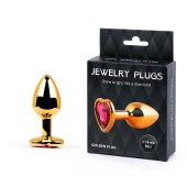 Золотистая анальная пробка с малиновым кристаллом-сердечком - 7 см. - Anal Jewelry Plug - купить с доставкой в Реутове