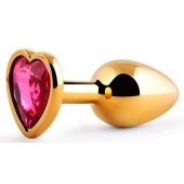 Золотистая анальная пробка с малиновым кристаллом-сердечком - 7 см. - Anal Jewelry Plug - купить с доставкой в Реутове