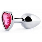 Серебристая анальная пробка с малиновым кристаллом-сердечком - 7 см. - Anal Jewelry Plug - купить с доставкой в Реутове