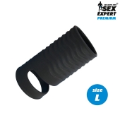 Черная открытая насадка на пенис с кольцом для мошонки L-size - 8,5 см. - Sex Expert - в Реутове купить с доставкой