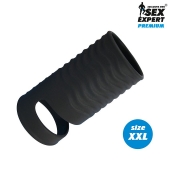 Черная открытая насадка на пенис с кольцом для мошонки XXL-size - 9,4 см. - Sex Expert - в Реутове купить с доставкой