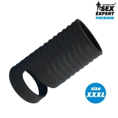 Черная открытая насадка на пенис с кольцом для мошонки XXXL-size - 9,9 см. - Sex Expert - в Реутове купить с доставкой