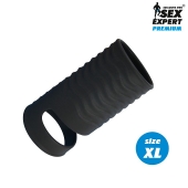Черная открытая насадка на пенис с кольцом для мошонки XL-size - 8,9 см. - Sex Expert - в Реутове купить с доставкой