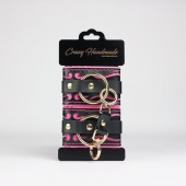 Черные кожаные наручники с розовой строчкой - Crazy Handmade - купить с доставкой в Реутове