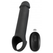 Черная вибронасадка для пениса с хомутом для мошонки и пультом ДУ Remote Controlled Penis Extension - Orion - в Реутове купить с доставкой