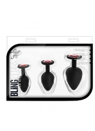 Набор черных анальных пробок с красным кристаллом-сердечком Bling Plugs Training Kit - Blush Novelties - купить с доставкой в Реутове