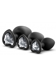 Набор из 3 черных пробок с прозрачным кристаллом-сердечком Bling Plugs Training Kit - Blush Novelties - купить с доставкой в Реутове