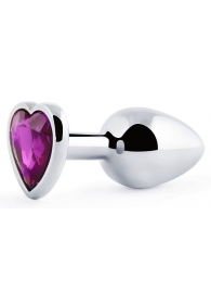 Серебристая анальная пробка с фиолетовым кристаллом-сердечком - 8 см. - Anal Jewelry Plug - купить с доставкой в Реутове