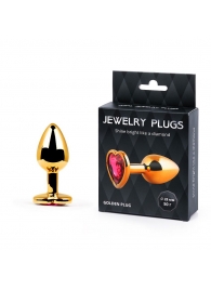 Золотистая анальная пробка с малиновым кристаллом-сердечком - 7 см. - Anal Jewelry Plug - купить с доставкой в Реутове