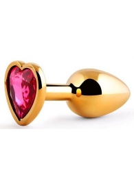 Золотистая анальная пробка с малиновым кристаллом-сердечком - 7 см. - Anal Jewelry Plug - купить с доставкой в Реутове