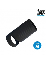 Черная открытая насадка на пенис с кольцом для мошонки size M - 7,9 см. - Sex Expert - в Реутове купить с доставкой