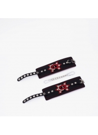 Черные кожаные наручники с красным декором и строчкой - Crazy Handmade - купить с доставкой в Реутове