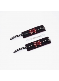 Черные кожаные наручники с красным декором и строчкой - Crazy Handmade - купить с доставкой в Реутове