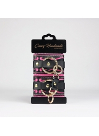 Черные кожаные наручники с розовой строчкой - Crazy Handmade - купить с доставкой в Реутове