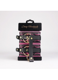 Черные кожаные оковы с розовой строчкой - Crazy Handmade - купить с доставкой в Реутове