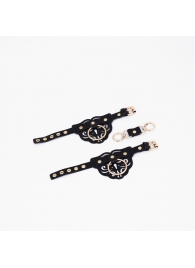 Черные кожаные наручники с клепками, кольцами и золотистой фурнитурой - Crazy Handmade - купить с доставкой в Реутове