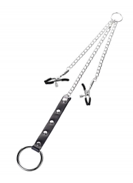 Серебристо-чёрные зажимы для сосков с кольцом для пениса TOYFA Metal - ToyFa - купить с доставкой в Реутове