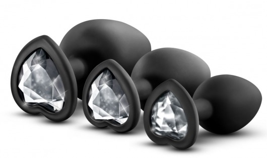 Набор из 3 черных пробок с прозрачным кристаллом-сердечком Bling Plugs Training Kit - Blush Novelties - купить с доставкой в Реутове