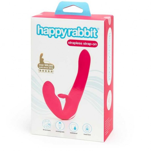 Ярко-розовый безремневой страпон Rechargeable Vibrating Strapless Strap-On - Happy Rabbit - купить с доставкой в Реутове