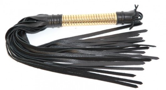 Чёрная плетка  из натуральной кожи с золотистой отделкой рукояти - БДСМ Арсенал - купить с доставкой в Реутове