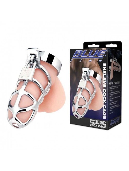 Серебристая металлическая клетка для члена с замком Enslave Cock Cage - BlueLine - купить с доставкой в Реутове
