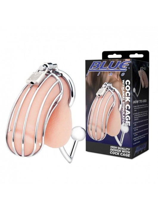 Серебристая металлическая клетка с анальным стимулятором Cock Cage - BlueLine - купить с доставкой в Реутове