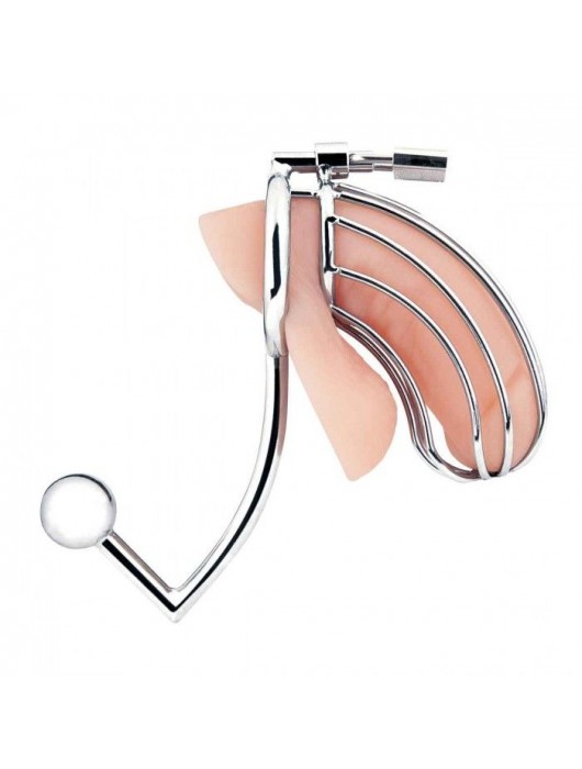 Серебристая металлическая клетка с анальным стимулятором Cock Cage - BlueLine - купить с доставкой в Реутове