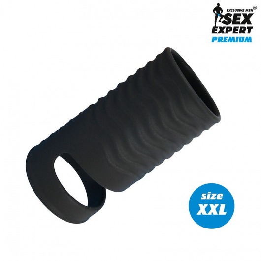 Черная открытая насадка на пенис с кольцом для мошонки XXL-size - 9,4 см. - Sex Expert - в Реутове купить с доставкой