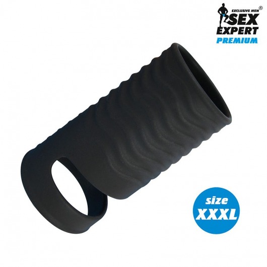 Черная открытая насадка на пенис с кольцом для мошонки XXXL-size - 9,9 см. - Sex Expert - в Реутове купить с доставкой