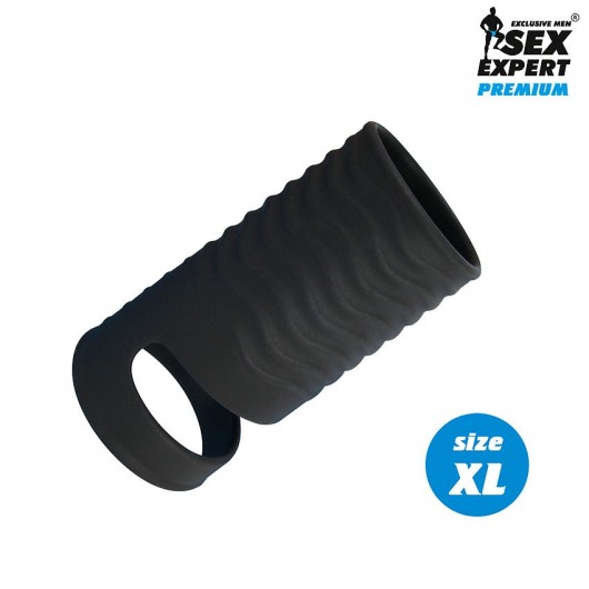 Черная открытая насадка на пенис с кольцом для мошонки XL-size - 8,9 см. - Sex Expert - в Реутове купить с доставкой