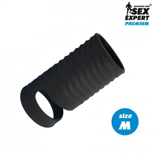 Черная открытая насадка на пенис с кольцом для мошонки size M - 7,9 см. - Sex Expert - в Реутове купить с доставкой