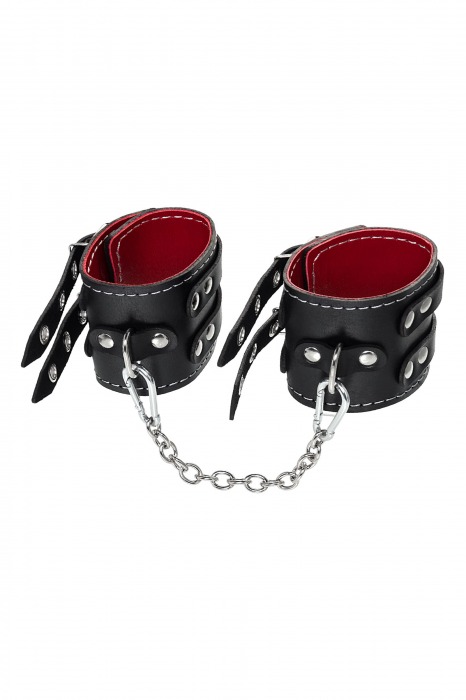 Черные кожаные оковы с двумя ремнями и красной подкладкой - Pecado - купить с доставкой в Реутове