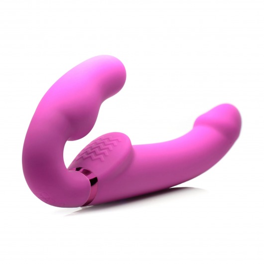 Розовый безремневой страпон с вибрацией и функцией расширения Inflatable Ergo-Fit Strapless Strap-On - XR Brands - купить с доставкой в Реутове
