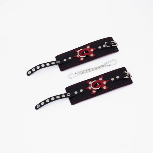 Черные кожаные наручники с красным декором и строчкой - Crazy Handmade - купить с доставкой в Реутове