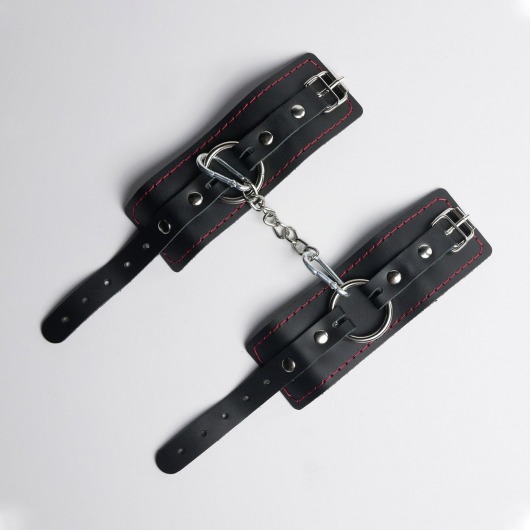 Черные кожаные наручники с красной строчкой - Crazy Handmade - купить с доставкой в Реутове