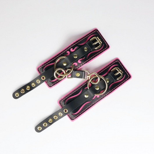 Черные кожаные наручники с розовой строчкой - Crazy Handmade - купить с доставкой в Реутове