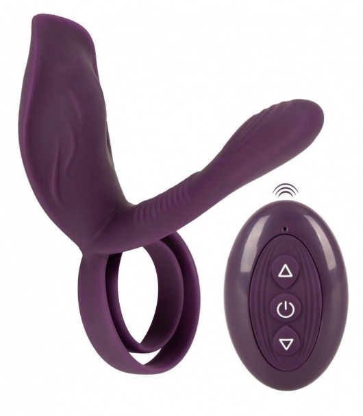 Фиолетовая насадка на член с клиторальным отростком и пультом ДУ RC Couple’s Vibrator 2 - Orion - в Реутове купить с доставкой