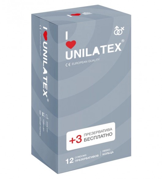 Презервативы с рёбрами Unilatex Ribbed - 12 шт. + 3 шт. в подарок - Unilatex - купить с доставкой в Реутове