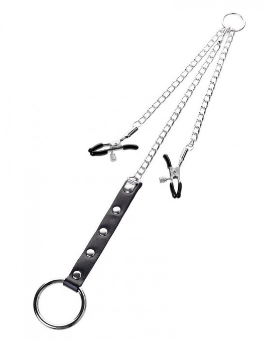 Серебристо-чёрные зажимы для сосков с кольцом для пениса TOYFA Metal - ToyFa - купить с доставкой в Реутове